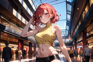 Highly detailed, high quality, masterpiece, beautiful, anime girl, short red hair, yellow top, black tight shorts, pink thong, white tennis shoes, bare shoulders, bare abdomen, defined curves, sweat, serious face, blushing, hand on head, embarrassed, walking, background: shopping mall, busy, sunny day,