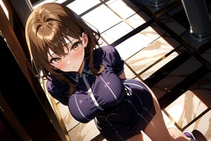 Highly detailed, high quality, masterpiece, beautiful, anime girl, big breasts, short brown hair, tight light blue dress, bare thighs, insecure look, blushing, tilted view from above, purple sneakers, background: elegant building, warm light, white and brown checkered floor, marble columns, lamps on the wall,