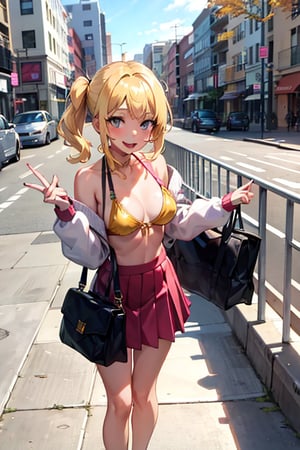 Anime girl, blonde hair, pigtail hairstyle, tight red skirt, gold bikini, lollipop in her mouth, happy expression, standing on the street, leaning on a handrail, looking at the phone, light skin, pink underwear, no sweater, bag in hand, background: busy street, clear day, concrete floor,