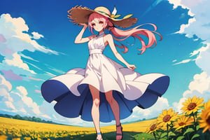 Highly detailed, high quality, masterpiece, beautiful, anime girl, long pink hair, ponytail hairstyle, white one-piece dress, yellow sandals, straw hat, happy look, tilted upward view, hand in hat, background: sunny day, flower field, strong wind,