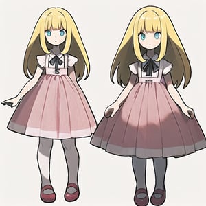 1girl, young, pink_dress, (cute body, cute face,) (alice in wonderland), (gretel), (jill), (goldilocks) ((blond hair), bangs in front of the eyes, long flowing hair, long side strands of hair), (white apron, pink dress with fringes, white collar and sleeves, white stockings, pink mary jane shoes), golden_eyes, (big,  glowing, fairy eyes), short, small, masterpiece, {{illustration}}, {best quality}, {{hi res}}, fairy tale girl trainer class, multiple_views, model_sheet, character_design, child, (sugimori ken \(style\), full_body 