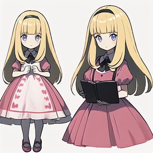 1girl, young, pink_dress, (cute body, cute face,) (alice in wonderland), (gretel), (jill), (goldilocks) ((blond hair), bangs in front of the eyes, long flowing hair, long side strands of hair), (white apron, pink dress with fringes, white collar and sleeves, white stockings, pink mary jane shoes), golden_eyes, (big,  glowing, fairy eyes), short, small, masterpiece, {{illustration}}, {best quality}, {{hi res}}, fairy tale girl trainer class, multiple_views, model_sheet, character_design, child, (sugimori ken \(style\), full_body 