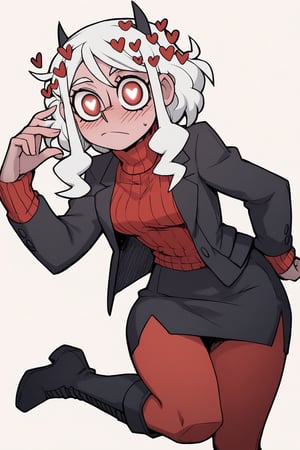 score_9, score_8_up, score_7_up, score_6_up,vanitaker, absurdres, 1girl, solo,  vanitaker, modeus \(helltaker\), red leggings, black jacket, black skirt, pencil skirt, black boots, red sweater, turtleneck, sweater under jacket, white hair, red eyes, heart eyes,