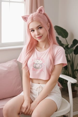 hyperrealistic photo of Belle Delphine sitting on a chair in front of a computer, making a video for YouTube. She is wearing comfortable and cute clothes, like a pink t-shirt and white pajamas. Her hair is loose and in a cute hairstyle. She is smiling for the camera and seems to be having a lot of fun recording the video. The environment is simple and cozy, with a room illuminated by soft white light. The image should have a cinematic style, with focus on Belle's beauty and her cute and laid-back personality. 