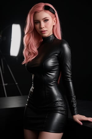 hyperrealistic photo of Belle Delphine in a photography studio, wearing a tight black leather dress, with a sensual and provocative pose. The lighting is dramatic and contrasting, with shadows that enhance the curves of her body. The image should have a cinematic and sophisticated style, with focus on Belle's beauty and the atmosphere of a high-quality photoshoot.