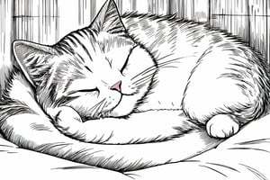 Manga style illustration,line art,pencil art, cat, sleeping, closed eyes, closed mouth, lying on the bed 