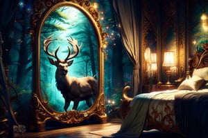 In a whimsical anime-inspired setting, a mystical forest surrounds a cozy bedroom, where a majestic stag stands proudly in front of a ornate mirror. The camera captures the scene in a tight, closed shot, emphasizing the stag's regal presence and the room's enchanting atmosphere.