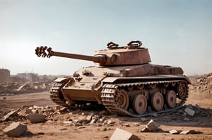 A still photograph captures a worn-out tank, abandoned on a barren battlefield, amidst the ruins of a once-thriving city. The rusty metal behemoth sits atop a heap of rubble, its tracks mangled and twisted, like skeletal fingers grasping for the sky. Flickering sunlight casts long shadows across the desolate landscape, illuminating the devastation.