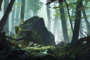 A serene anime-inspired landscape featuring a dense forest with towering trees and a faint mist hovering above the underbrush. In the center of the scene, a massive boulder lies cracked and broken, its rugged surface covered in moss and vines. The atmosphere is tranquil, with warm sunlight filtering through the canopy above and casting dappled shadows on the forest floor.