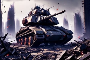 A post-apocalyptic landscape stretches out, with twisted metal and rubble as far as the eye can see. Amidst the devastation, a lone tank, its armor dented and scarred, rises from the ruins like a mechanical behemoth. In the anime style, its angular lines and bold colors stand out against the desolate backdrop. No humans are in sight, only the cold, metallic presence of the tank, a symbol of destruction and resilience.