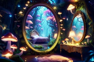 In a whimsical anime-inspired setting, a fantasy realm's mystical forest spills into a cozy bedroom. A large, ornate mirror dominates the room, its surface reflecting the soft glow of luminescent mushrooms and the gentle sway of ethereal vines. The camera captures the scene in a closed frame, focusing on the mystical atmosphere within.