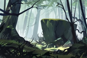 A serene anime-inspired landscape featuring a dense forest with towering trees and a faint mist hovering above the underbrush. In the center of the scene, a massive boulder lies cracked and broken, its rugged surface covered in moss and vines. The atmosphere is tranquil, with warm sunlight filtering through the canopy above and casting dappled shadows on the forest floor.