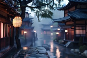 A serene anime-inspired scene set in ancient Edogawa, Japan. A misty veil shrouds the traditional town, with intricately crafted wooden buildings and ancient temples standing tall. The atmosphere is mystical, with subtle lighting casting a warm glow on the rustic stone streets. In the center of the frame, an ornate paper lantern hangs delicately from a willow tree branch, its gentle sway creating a sense of tranquility.