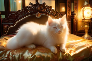 An anime style scene. In a soft, golden-lit bedroom with ornate wooden carvings on the headboard, a petite and delicate white cat lies curled up on a plush, velvety bedspread. Her fur shines like freshly fallen snow as she stretches out her slender body, purring softly to herself. The warm glow of a nearby lamp casts a flattering light upon her features, highlighting the sparkle in her emerald green eyes.