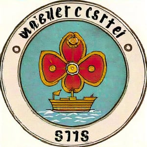 The image contains a logo, which is typically used to represent a brand or an organization. In this case, it is the emblem of Manchester City Football Club, as indicated by the text within the emblem. The emblem features a shield with a blue and white color scheme, which is divided into two sections. The top section has a golden ship with three sails and a pennant flying from the stern. This ship is set against a background that resembles the sea. The bottom section contains a red flower-like design with petals radiating outward from a central point. The emblem also includes a banner at the top with the year "1894" written on it, suggesting the establishment year of the club. The overall design is encircled by a ring with the words "MANCHESTER CITY" prominently displayed.