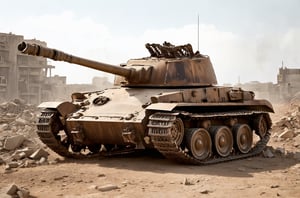 A still photograph captures a worn-out tank, abandoned on a barren battlefield, amidst the ruins of a once-thriving city. The rusty metal behemoth sits atop a heap of rubble, its tracks mangled and twisted, like skeletal fingers grasping for the sky. Flickering sunlight casts long shadows across the desolate landscape, illuminating the devastation.