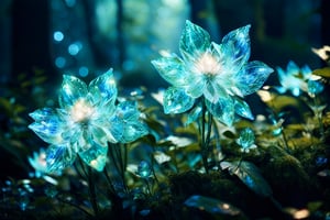 In a mystical forest, amidst a tapestry of emerald greens and misty blues, a cluster of radiant crystal blue flowers comes into intimate focus. Delicate petals unfurl like shimmering shards of sapphire glass, as the camera lingers on the intricate details of these ethereal blooms. Soft, diffused light casts an otherworldly glow, illuminating the subtle texture and sheen of each flower. The air is heavy with magic, as the camera's gaze remains fixed on this breathtaking, surreal still life.