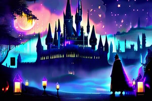 A majestic Hogwarts castle stands tall against a whimsical anime-inspired backdrop, its turrets and spires reaching for the stars. A mysterious figure, cloaked in dark robes with hints of purple, appears at the edge of the frame, their back turned towards the viewer as they gaze out upon the mystical landscape. The warm glow of lanterns and torches casts a mystical ambiance, while the misty atmosphere whispers secrets to those who dare listen.