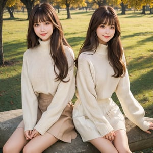 long hair, looking at viewer, smiling, bangs, multiple girls, brown hair, long sleeves, 4girls, brown eyes, sitting in nature, closed mouth, outdoors, park, trees, long sweaters of different colors and styles, lips, sleeves past wrists, realistic, white skirts, white sweater, book