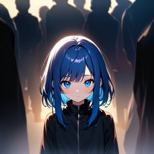 1girl, long hair, looking at viewer, bangs, blue eyes, closed mouth, blue hair, upper body, multiple boys, solo focus, medium hair, expressionless, faceless, silhouette, crowd, united in circle, happy