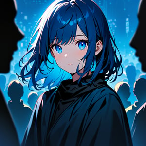 1girl, long hair, looking at viewer, bangs, blue eyes, closed mouth, blue hair, upper body, multiple boys, solo focus, medium hair, expressionless, faceless, silhouette, crowd, united in circle, happy