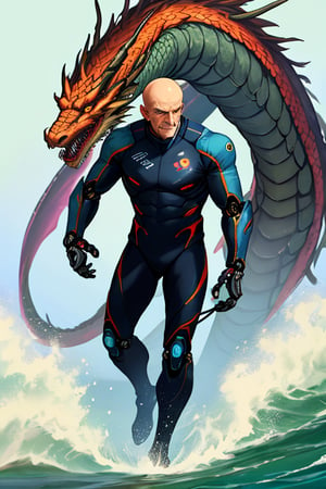 Sci-fi mechanical skin tight suit bald old man, on sea ride a dragon