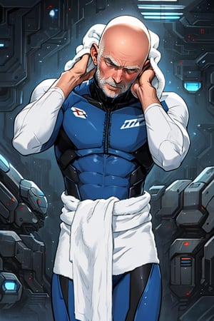 Bald old man in sci-fi mechanical skin-tight suit wiping his head with a towel,