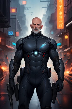 Precise, beautiful, high definition, detailed depiction, high density, hummer tone, vivid color, in the town, Sci-Fi mechanicale skintight suit bald old man, with future gun,