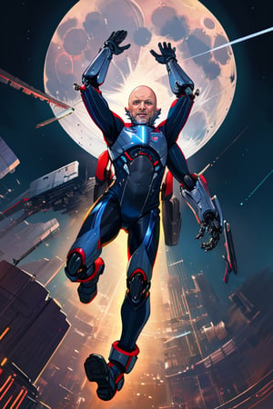 sci-fi mechanical skin tight suit bald old man, jumping upto the moon