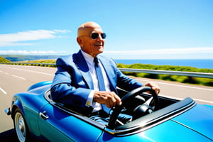 Under the blue sky, a bald old man in a skin-tight suit drives an open-top car along the coastal road.

