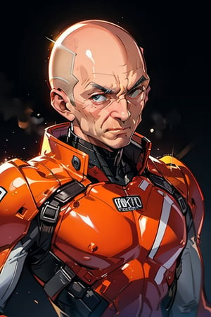 A bald old man in a skin-tight body suit reflects the light emitted from the surroundings on his bald head.