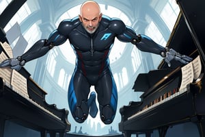 SF Mechanical Skintight Suit Bald Old Man jumping beyond a piano