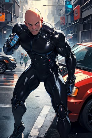 Sci-fi mechanical skin tight suit bald old man, now on punching and breaking a car.