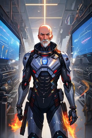 a meteorite that leaves a trail of smoke.
A bald old man in a sci-fi mechanical skin-tight suit chops and breaks 