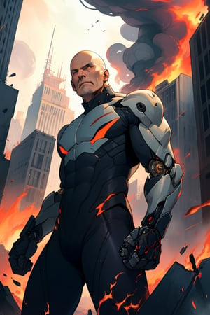 Precise, beautiful, high definition, detailed depiction, high density, Smooth gradation, vivid color, Bald old man in SF mechanical skin tight suit is bang head and rise one fist in burning city