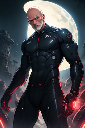 Bald old man in SFm mechanical skin tight suit has light from UFO shine on his head, darkness