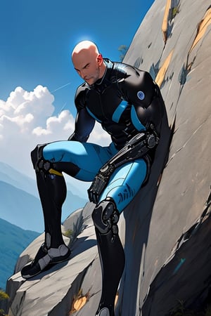 Sun and sci-fi mechanical skin-tight suit, bald old man, rock climbing