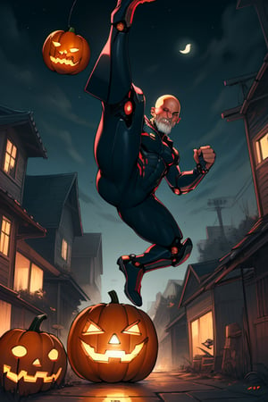 Sci-fi mechanical skin tight suit bald old man many jack-o-lantern flying kick over a high building at night