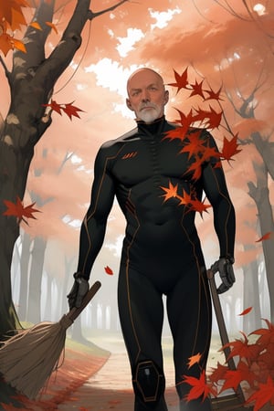 Autumn afternoon slanting sunlight, red leaves on trees, piles of fallen leaves, bald old man in sci-fi mechanical skin-tight suit, sweeping with a broom, at Japanese temple,