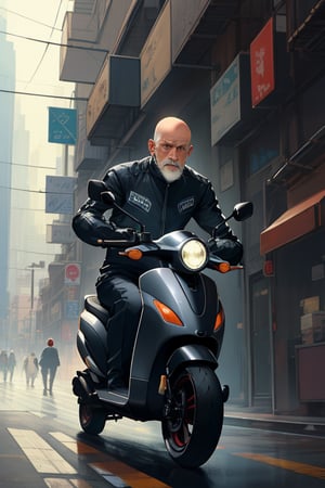 Precise, beautiful, high definition, detailed depiction, high density, Smooth gradation, vivid color,  SF mechanical skin tight suit Bald old man ride a scooter