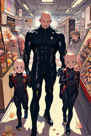 Bald old man in SF mechanical skintight suit surrounded by kids in candy store