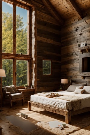 (Cabin in the woods),Natural  decorative style,sophisticated lighting details,serene and comforting environment,The room is brightly lit,   with rustic wooden furniture and a cozy fireplace,(bedroom),Bed by the window,Compact furniture arrangement,cozy indoor setting,(a large window),bad waether,(warm and inviting atmosphere),comfortable furniture arranged in a homely manner,natural and neutral color palette,subtle textures of fabrics and surfaces,airy and open feeling,pleasant and relaxed ambiance,(best     quality,4k,8k,highres,masterpiece:1.2),ultra-detailed,(realistic,photorealistic,photo-realistic:1.37)