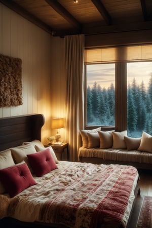 (bedroom),cozy indoor setting,(giant windows),Outside the window is the forest,raining outside the window,TV,(warm and inviting atmosphere),soft curtains framing the view,comfortable furniture arranged in a homely manner,natural and neutral color palette,subtle textures of fabrics and surfaces,potted plants or flowers adding a touch of nature,airy and open feeling,pleasant and relaxed ambiance,(best       quality,4k,8k,highres,masterpiece:1.2),ultra-detailed,(realistic,photorealistic,photo-realistic:1.37),Natural decorative style,sophisticated lighting details,serene and comforting environment