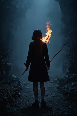 professional masterpiece, 8k, back view,1 girl , solo,hong kong school uniform, In a pitch-black environment, a figure stands out against the void, illuminated only by the flickering dance of black flames at the tip of the spear she grasps firmly in her hand. The dark surroundings accentuate the eerie ambiance, while the fiery spearpoint casts an otherworldly glow on her determined expression. , moody misty atmospherics, highres, best quality, dramatic, cinematic, epic, pantone analogue style, (concept art, digital art, realistic, dynamic, (curvilinear perspective), high view angle, establishing shot, low depth of field, tilt shift, iris blur, bokeh, sharp clarity, fine intricate details, great lighting, warm dappled soft lighting, volumetric lighting, detailed highlights, rim lighting, low-key