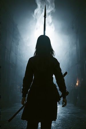 professional masterpiece, 8k, back view,1 girl , solo,hong kong school uniform, She brandishes her spear ready for battle,The tip of the spear flashed with black flames,There is a black flame on the tip of the spear,The dark surroundings accentuate the eerie ambiance, moody misty atmospherics, highres, best quality, dramatic, cinematic, epic, pantone analogue style, (concept art, digital art, realistic, dynamic, (curvilinear perspective), high view angle, establishing shot, low depth of field, tilt shift, iris blur, bokeh, sharp clarity, fine intricate details, great lighting, warm dappled soft lighting, volumetric lighting, detailed highlights, rim lighting, low-key,completely dark warehouse
,long hair ,perfect body,grace,Only the back is seen,cyberpunk,
professional masterpiece, 8k, moody misty atmospherics, highres, best quality, dramatic, cinematic, epic, pantone analogue style, (concept art, digital art, realistic, dynamic, (curvilinear perspective), establishing shot, low depth of field, tilt shift, iris blur, bokeh, sharp clarity, fine intricate details, great lighting, warm dappled soft lighting, volumetric lighting, detailed highlights, rim lighting, low-key, long hair ,perfect body