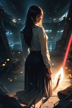 professional masterpiece, 8k, back view,1 girl , solo,hong kong school uniform, She brandishes her spear ready for battle,The tip of the spear flashed with black flames,There is a black flame on the tip of the spear,The dark surroundings accentuate the eerie ambiance, moody misty atmospherics, highres, best quality, dramatic, cinematic, epic, pantone analogue style, (concept art, digital art, realistic, dynamic, (curvilinear perspective), high view angle, establishing shot, low depth of field, tilt shift, iris blur, bokeh, sharp clarity, fine intricate details, great lighting, warm dappled soft lighting, volumetric lighting, detailed highlights, rim lighting, low-key,completely dark warehouse
,long hair ,perfect body,grace,Only the back is seen,cyberpunk