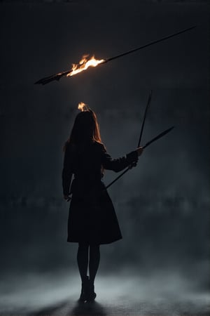 professional masterpiece, 8k, back view,1 girl , solo,hong kong school uniform, She brandishes her spear ready for battle,The tip of the spear flashed with black flames,There is a black flame on the tip of the spear,The dark surroundings accentuate the eerie ambiance, moody misty atmospherics, highres, best quality, dramatic, cinematic, epic, pantone analogue style, (concept art, digital art, realistic, dynamic, (curvilinear perspective), high view angle, establishing shot, low depth of field, tilt shift, iris blur, bokeh, sharp clarity, fine intricate details, great lighting, warm dappled soft lighting, volumetric lighting, detailed highlights, rim lighting, low-key,completely dark warehouse
,long hair ,perfect body,grace
