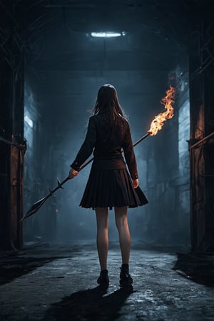 professional masterpiece, 8k, back view,1 girl , solo,hong kong school uniform, She brandishes her spear ready for battle,The tip of the spear flashed with black flames,There is a black flame on the tip of the spear,The dark surroundings accentuate the eerie ambiance, moody misty atmospherics, highres, best quality, dramatic, cinematic, epic, pantone analogue style, (concept art, digital art, realistic, dynamic, (curvilinear perspective), high view angle, establishing shot, low depth of field, tilt shift, iris blur, bokeh, sharp clarity, fine intricate details, great lighting, warm dappled soft lighting, volumetric lighting, detailed highlights, rim lighting, low-key,completely dark warehouse
,long hair ,perfect body,grace,Only the back is seen,cyberpunk