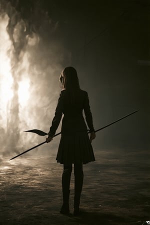 professional masterpiece, 8k, back view,1 girl , solo,hong kong school uniform, She brandishes her spear ready for battle,The tip of the spear flashed with black flames,There is a black flame on the tip of the spear,The dark surroundings accentuate the eerie ambiance, moody misty atmospherics, highres, best quality, dramatic, cinematic, epic, pantone analogue style, (concept art, digital art, realistic, dynamic, (curvilinear perspective), high view angle, establishing shot, low depth of field, tilt shift, iris blur, bokeh, sharp clarity, fine intricate details, great lighting, warm dappled soft lighting, volumetric lighting, detailed highlights, rim lighting, low-key,completely dark warehouse
,long hair ,perfect body,grace,Only the back is seen
