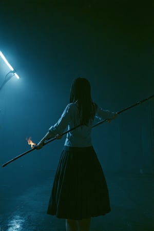 professional masterpiece, 8k, back view,1 girl , solo,hong kong school uniform, She brandishes her long stick ready for battle,The tip of the long stick flashed with black flames,There is a black flame on the tip of the long stick,The dark surroundings accentuate the eerie ambiance, moody misty atmospherics, highres, best quality, dramatic, cinematic, epic, pantone analogue style, (concept art, digital art, realistic, dynamic, (curvilinear perspective), high view angle, establishing shot, low depth of field, tilt shift, iris blur, bokeh, sharp clarity, fine intricate details, great lighting, warm dappled soft lighting, volumetric lighting, detailed highlights, rim lighting, low-key,completely dark warehouse
,long hair ,perfect body,grace,Only the back is seen,cyberpunk,
professional masterpiece, 8k, moody misty atmospherics, highres, best quality, dramatic, cinematic, epic, pantone analogue style, (concept art, digital art, realistic, dynamic, (curvilinear perspective), establishing shot, low depth of field, tilt shift, iris blur, bokeh, sharp clarity, fine intricate details, great lighting, warm dappled soft lighting, volumetric lighting, detailed highlights, rim lighting, low-key, long hair ,perfect body